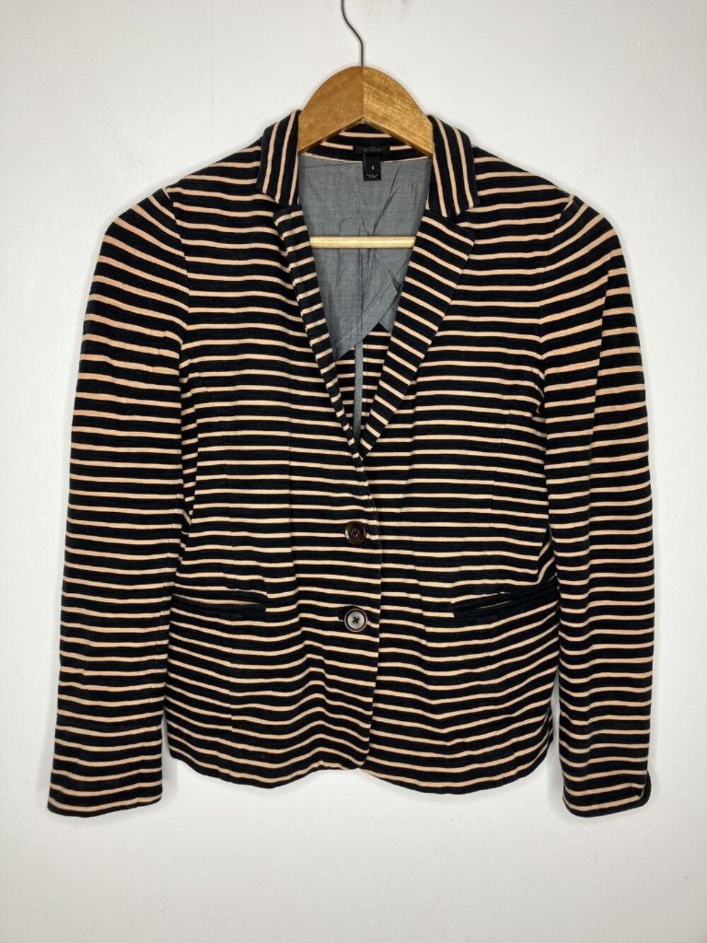 J.Crew Women's Black Tan Striped Knit Blazer Jacket Cardigan Size S Cotton Blend